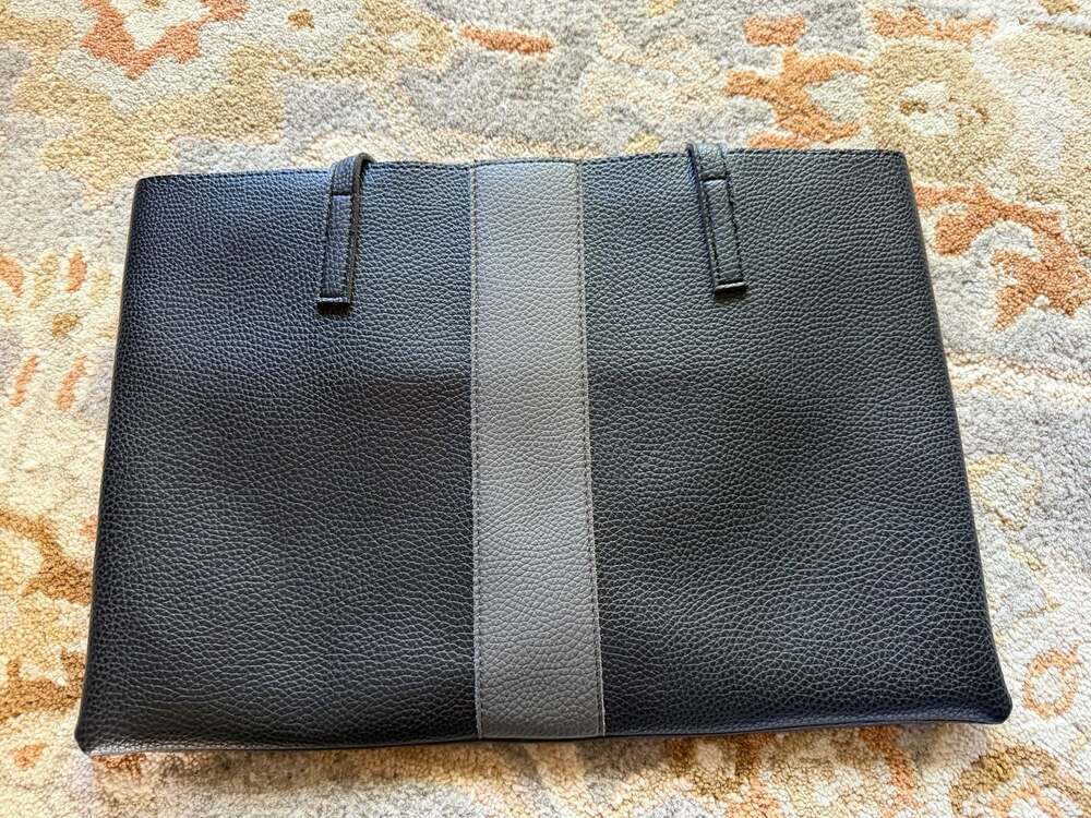 Vince Camuto Luck Tote Pebbled Vegan Leather Two-Tone Black and Gray